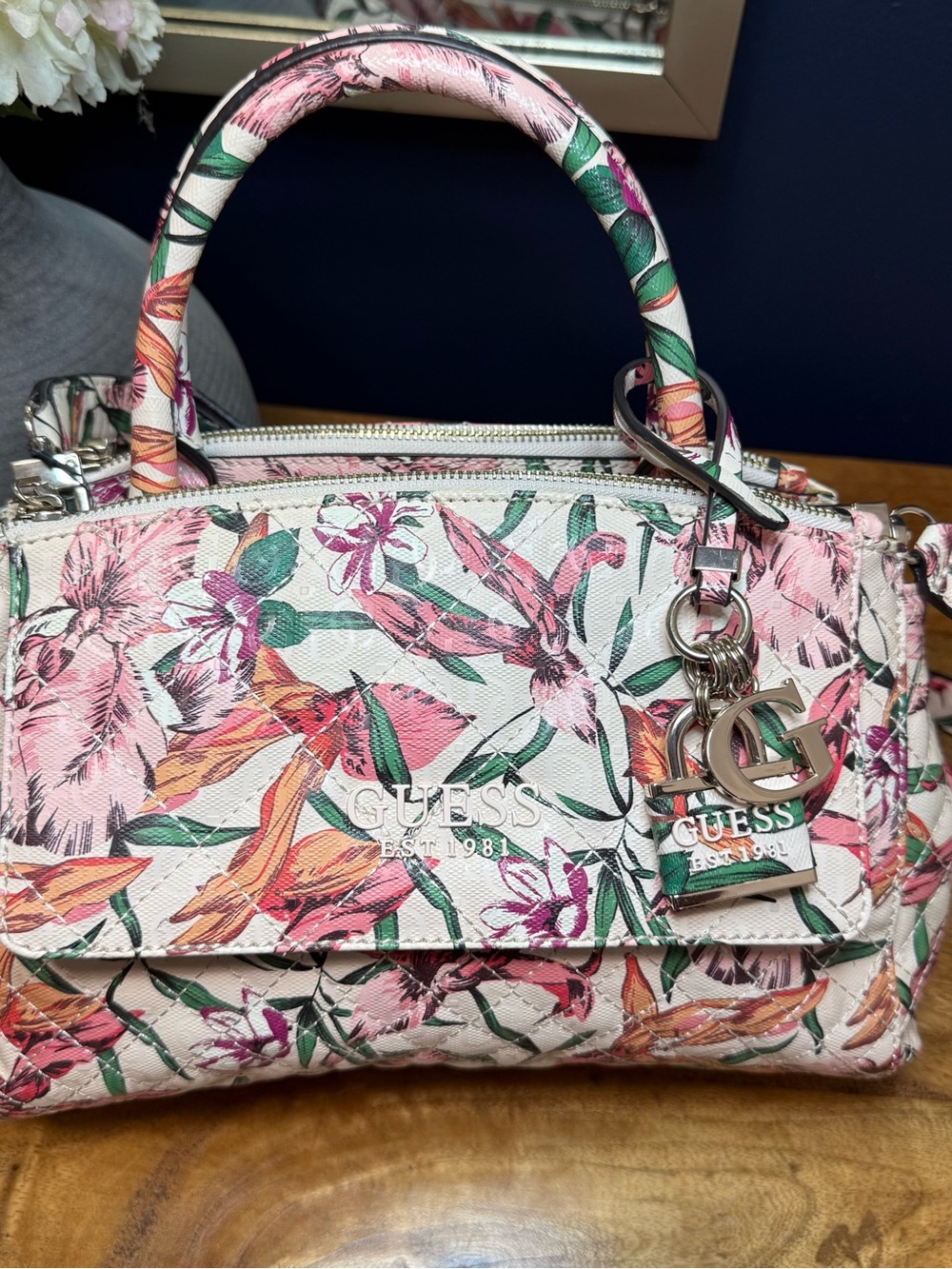 GUESS Pink Floral Print Satchel with Green Accents